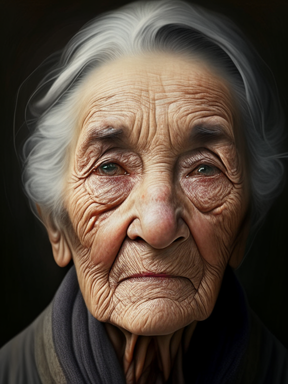a detailed portrait of an old woman with grey short hair, a medium nose, brown almond shaped eyes and wrinkles