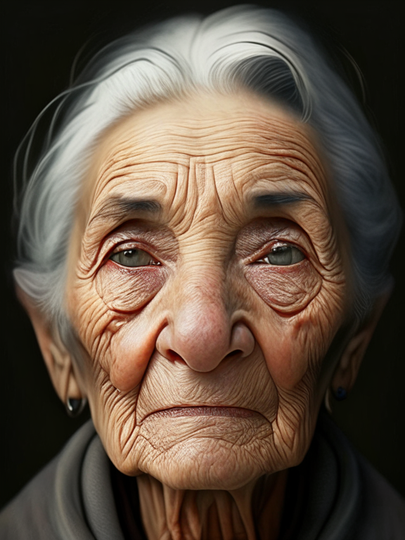 a detailed portrait of an old woman with grey short hair, a medium nose, brown almond shaped eyes and wrinkles