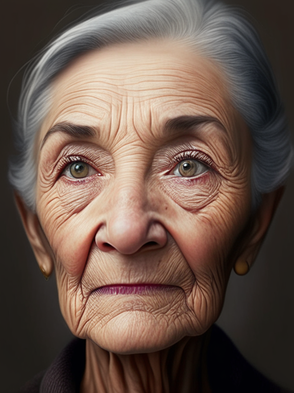 a detailed portrait of a sixty year old woman with grey short hair, a medium nose, brown almond shaped eyes and wrinkles