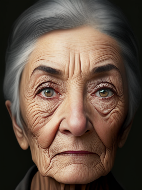 a detailed portrait of a sixty year old woman with grey short hair, a medium nose, prominent brown almond shaped eyes and wrinkles