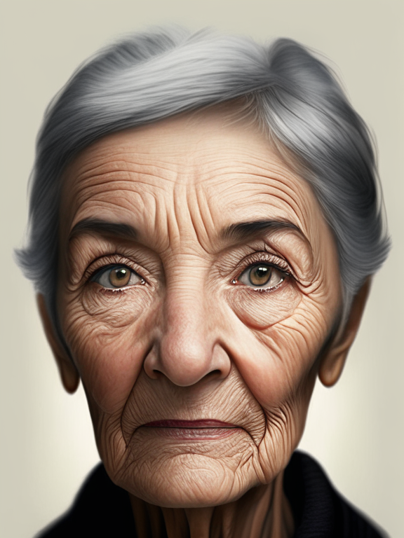 a detailed portrait of a sixty year old woman with grey short hair, a medium nose, prominent brown almond shaped eyes and wrinkles