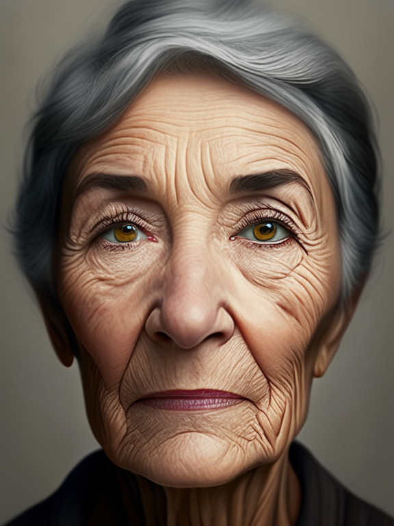 a detailed portrait of a fifty year old woman with grey short hair, a medium nose, prominent brown almond shaped eyes and wrinkles
