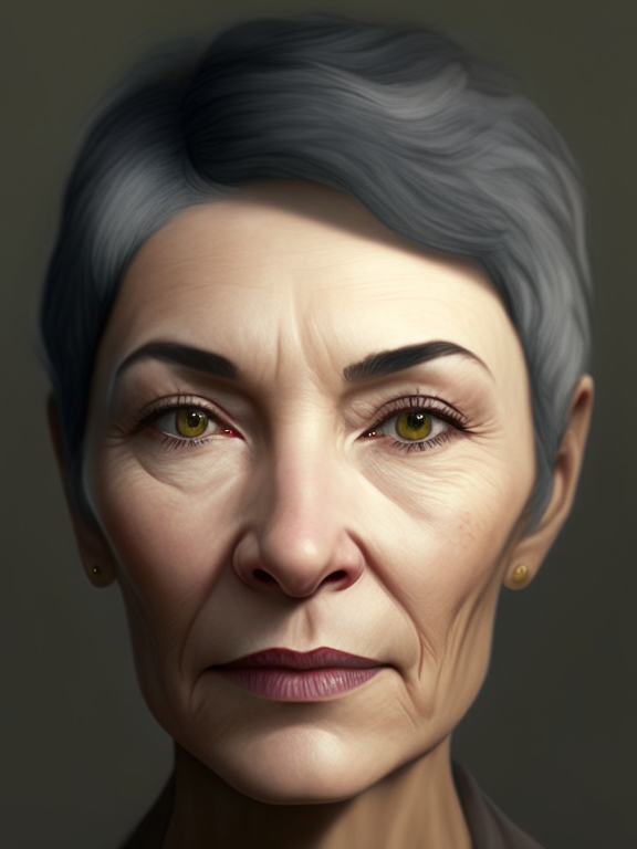 a detailed portrait of a woman with grey short hair, a medium nose, prominent brown almond shaped eyes and without wrinkles