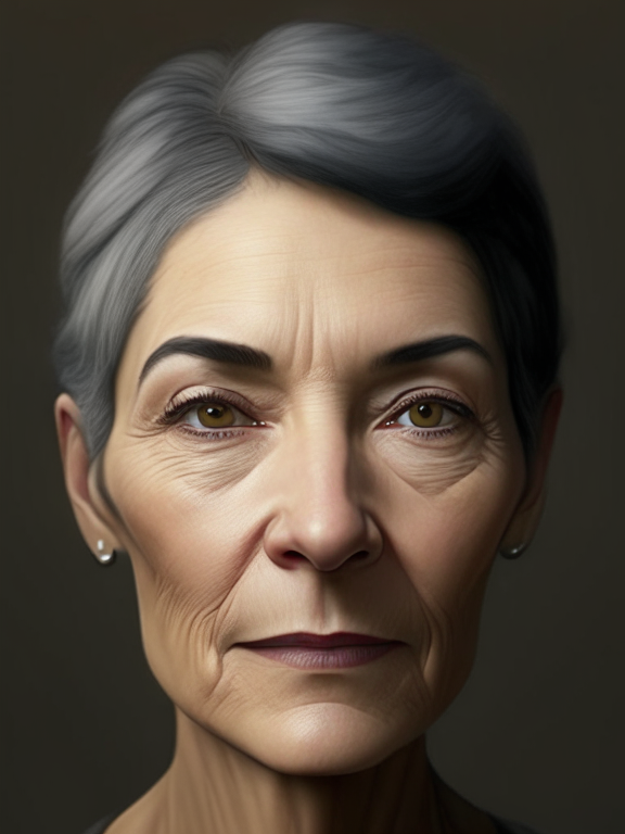 a detailed portrait of a woman with grey short hair, a medium nose, prominent brown almond shaped eyes and without wrinkles