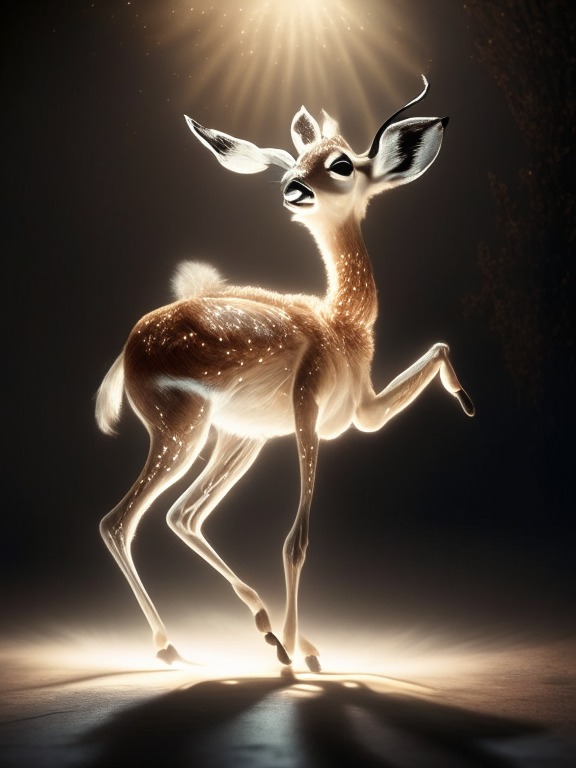 Bambi character dancing crazily, Surrealistic lighting, environmental portrait, 600mm Lens, 700mm Lens, fastidious detail, surreal, really real, Intimate lighting, Mystical lighting
