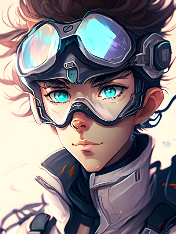 a young male scientist with motorcycle goggles on the forehead, futuristic portrait in anime style