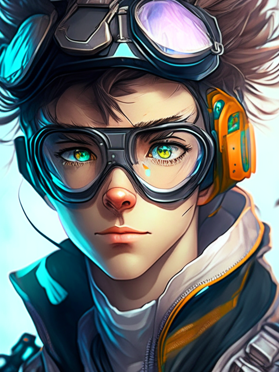 a young male scientist with motorcycle goggles on the forehead, futuristic portrait in anime style, hyper detailed, realistic