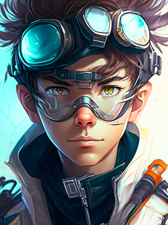 a young male scientist with motorcycle goggles on the forehead, futuristic portrait in anime style, hyper detailed, realistic