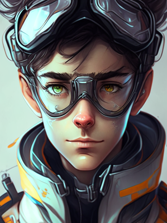 a young male scientist with motorcycle goggles on the forehead, futuristic portrait in anime style, detailed, realistic