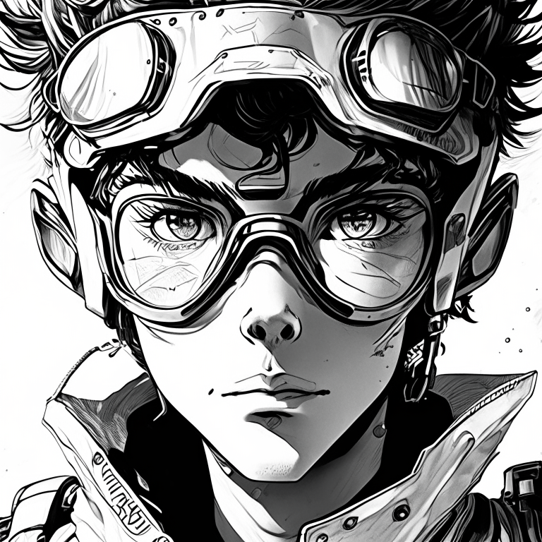 a young male scientist with motorcycle goggles on the forehead, futuristic portrait in manga style, detailed, black and white