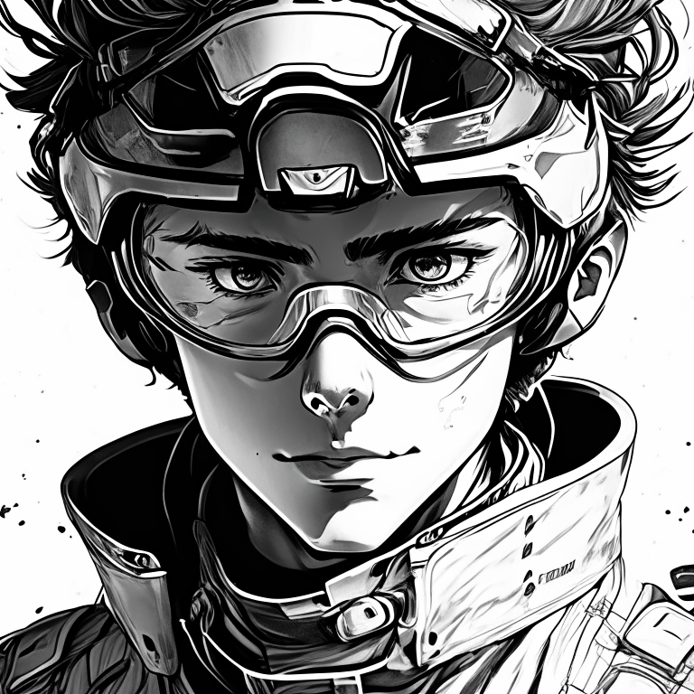 a young male scientist with motorcycle goggles on the forehead, futuristic portrait in manga style, detailed, black and white