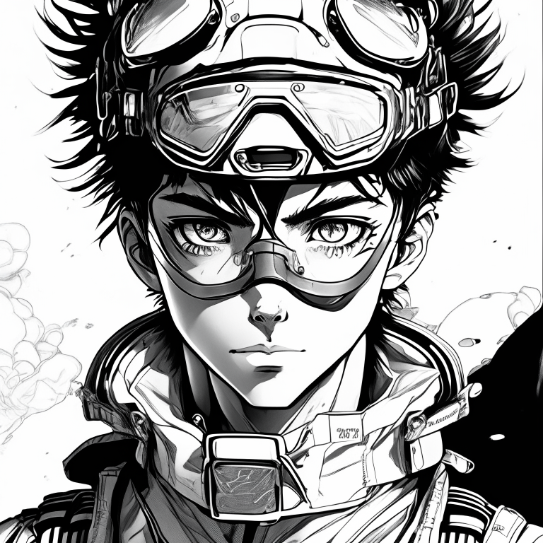 a young male scientist with motorcycle goggles on the forehead, futuristic portrait in manga shonen style, unrealistic, black and white