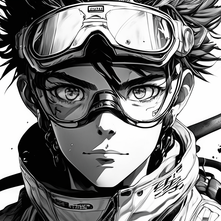 a young male scientist with motorcycle goggles on the forehead, futuristic portrait in manga shonen style, unrealistic, black and white