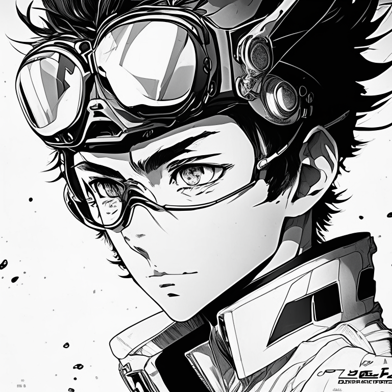 a young male scientist with motorcycle goggles on the forehead, futuristic portrait in manga shonen style, unrealistic, black and white, atsushi ohkubo