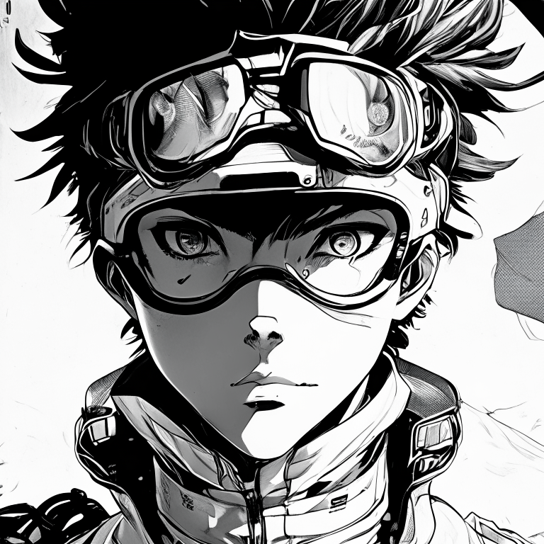 a young male scientist with motorcycle goggles on the forehead, futuristic portrait in manga shonen style, unrealistic, black and white, atsushi ohkubo