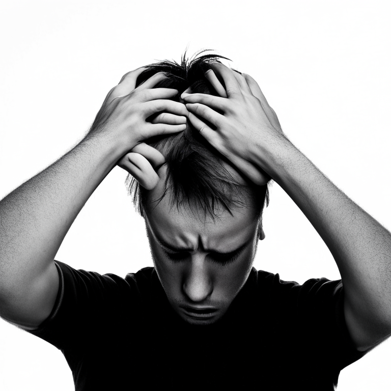 person facing right, both hands on head