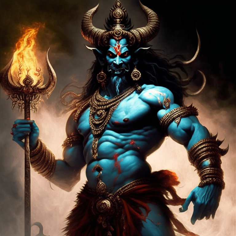 Tavana the demon king from hindu mythology holding Brahmastra an ancient weapon capable of mass destruction