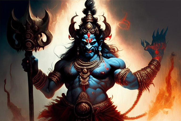 Tavana the demon king from hindu mythology holding Brahmastra an ancient weapon capable of mass destruction