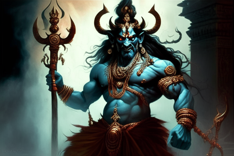 Tavana the demon king from hindu mythology holding Brahmastra an ancient weapon capable of mass destruction