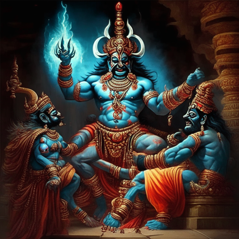 Ravana the demon king from hindu mythology getting Pashupatastra from Lord Shiva and Indian god, it is an ancient weapon capable of mass destruction