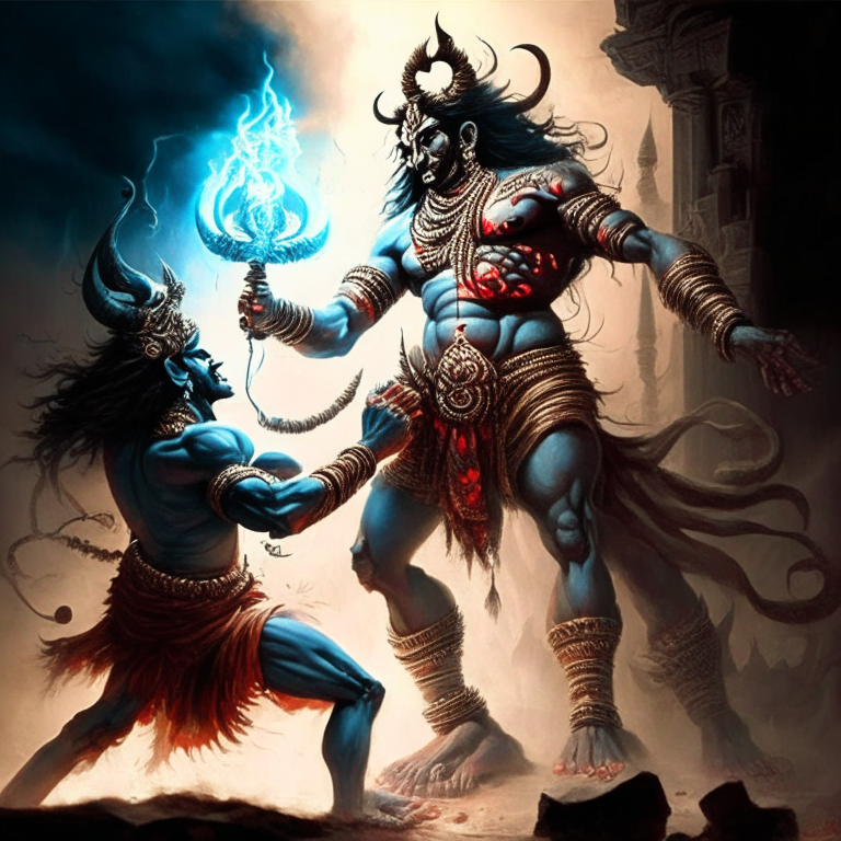 Shiva an Indian mythological god giving Pashupatastra a mass destruction weapon to Ravana a demon king from Indian mythology