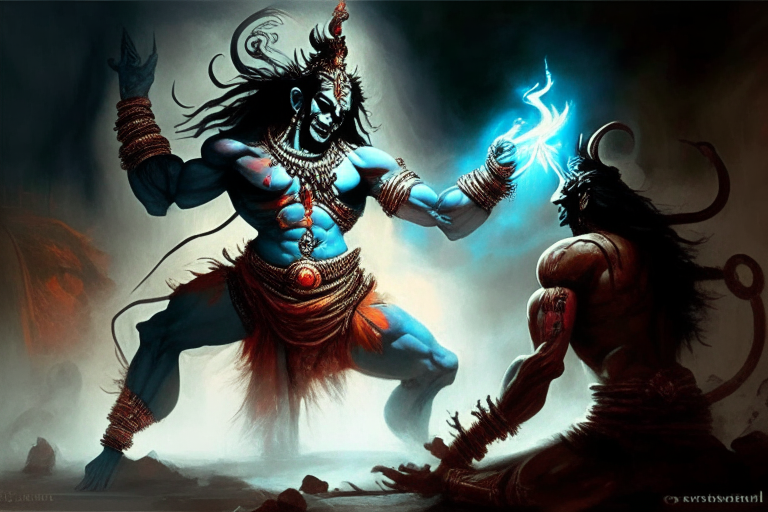 Shiva an Indian mythological god giving Pashupatastra a mass destruction weapon to Ravana a demon king from Indian mythology