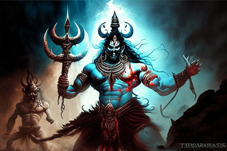 lord Shiva an Indian mythological god trident in hand giving Pashupatastra a mass destruction weapon to Ravana a demon king from Indian mythology