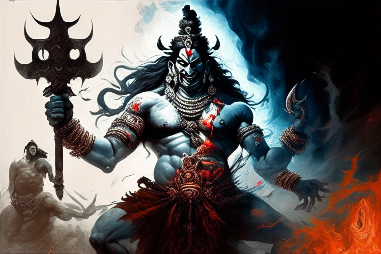 lord Shiva an Indian mythological god with human face giving Pashupatastra a mass destruction weapon to Ravana a demon king from Indian mythology