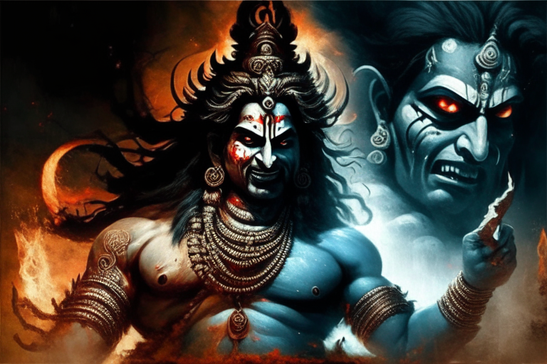 lord Shiva an Indian mythological god with human face giving Pashupatastra a mass destruction weapon to Ravana a demon king from Indian mythology