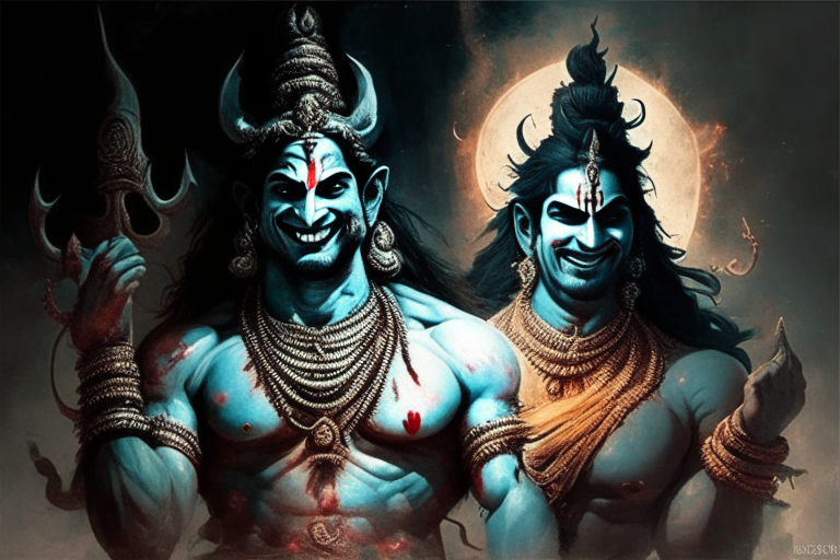 lord Shiva an Indian mythological god with human face and gentle smile giving Pashupatastra a mass destruction weapon to Ravana a demon king from Indian mythology