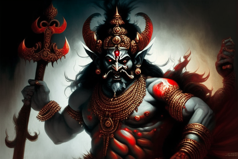 Ravan a demon king from Indian mythology holding Pashupatastra a weapon capable of destruction