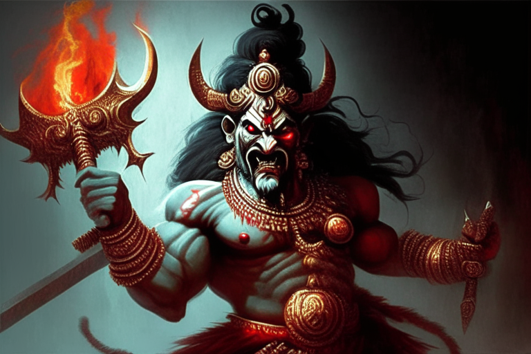Ravan a demon king from Indian mythology holding Pashupatastra a weapon capable of destruction