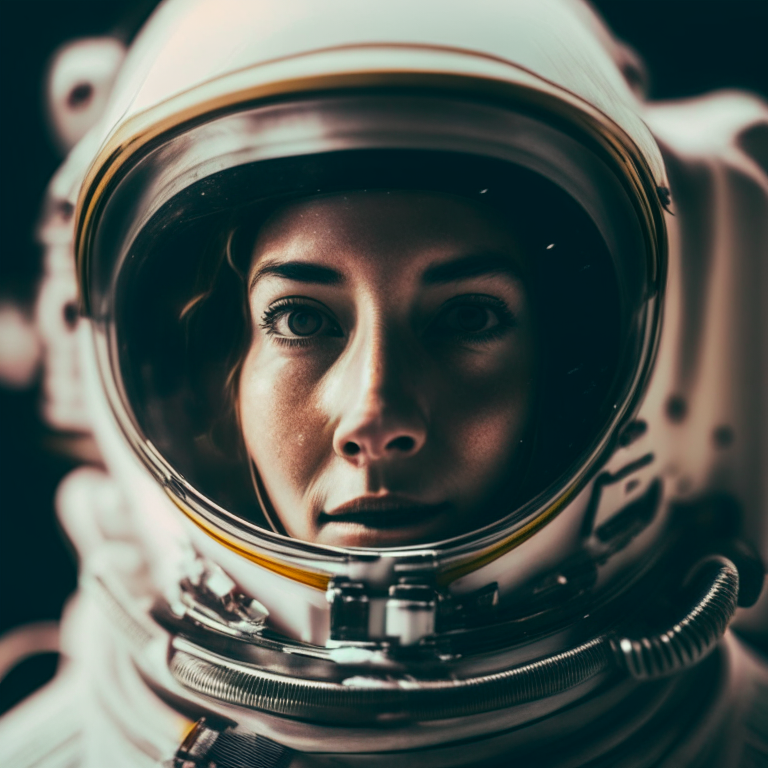 a person wearing a space helmet, close up, standing in front of the camera looking forward