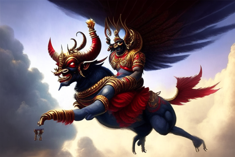 Ravana a demon king from Indian mythology riding on a mythological flying vehicle with wings in the sky