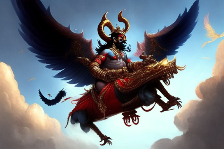 Ravana a demon king from Indian mythology riding on a mythological flying vehicle that has wings attached in it, flying in the sky