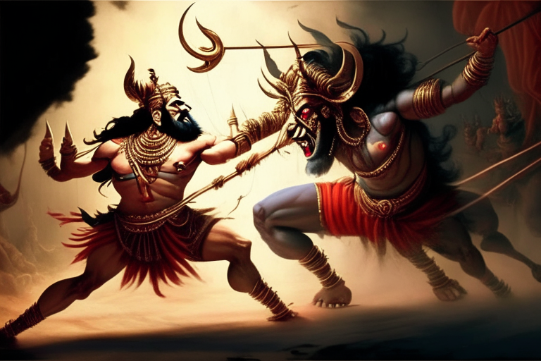 God Ram attacking Ravan with bows the demon king from indian mythology in a battlefield 