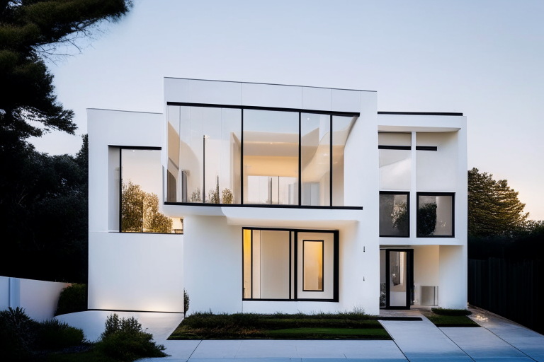 a photo of a modern 2 story house in the Bay Area worth $2.5 million, white exterior, large windows, modern architecture