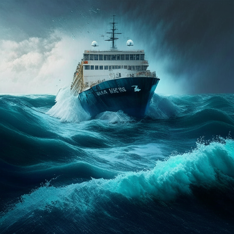 O navio em chamas e afundando no mar calmo e no céu Limpo