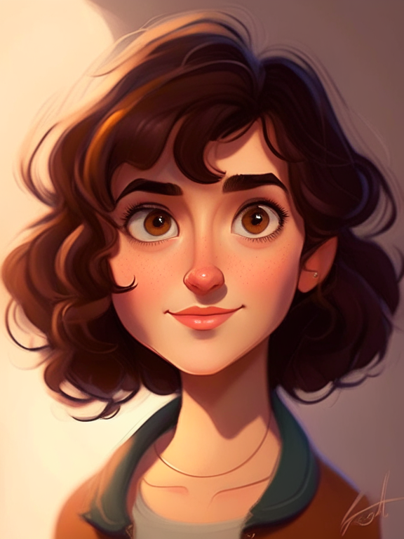 Chiara, a beautiful 27 years old girl with wavy short brown hair, in pixar style illustration