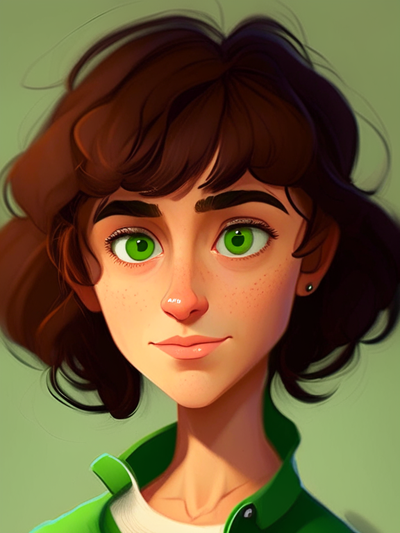 Chiara, a beautiful 27 years old girl with short mullet brown hair, green almon eyes, in pixar style illustration