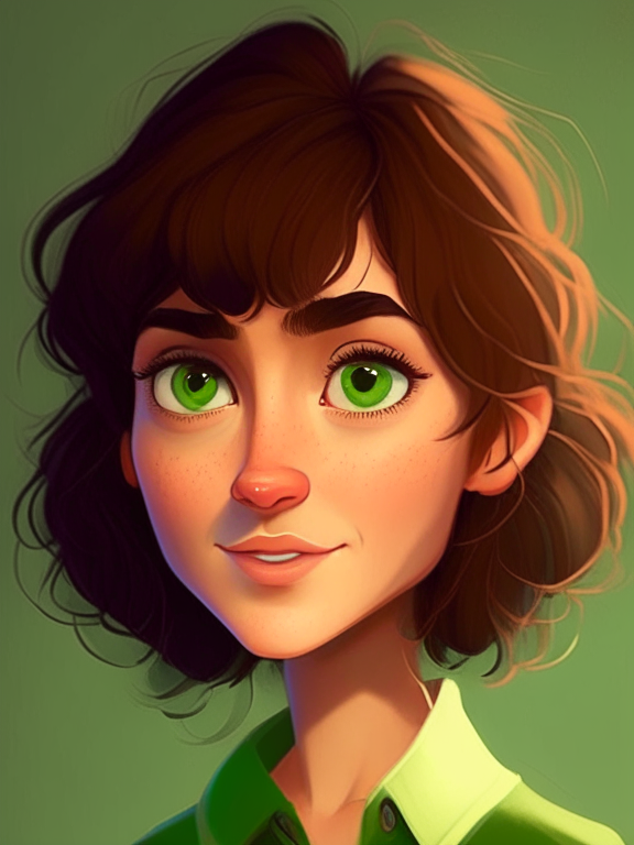 Chiara, a beautiful 27 years old girl with short mullet brown hair, green almon eyes, in pixar style illustration