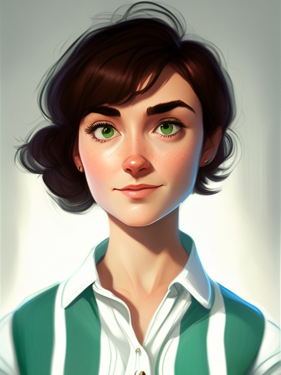 Chiara, a beautiful 27-year-old girl with short brown hair, green almond eyes, wears a white shirt with blue stripes, in a pixar style illustration