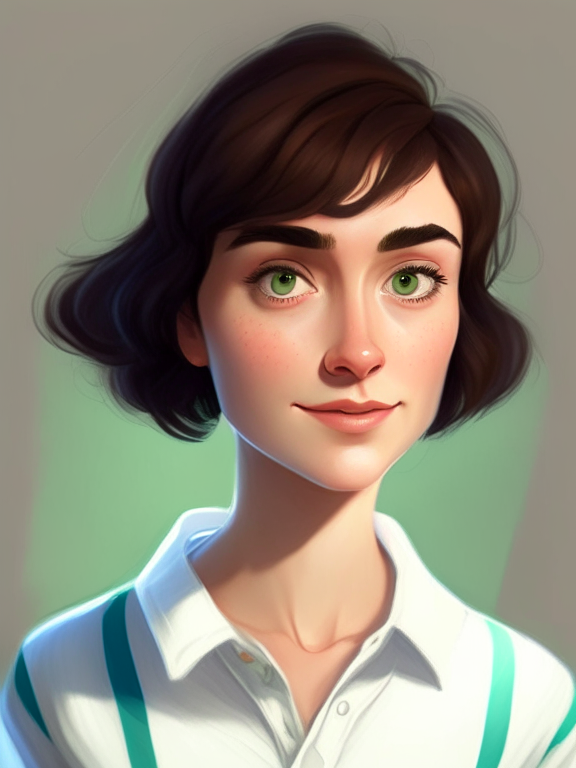 Chiara, a beautiful 27-year-old girl with short brown hair, green almond eyes, wears a white shirt with blue stripes, in a pixar style illustration