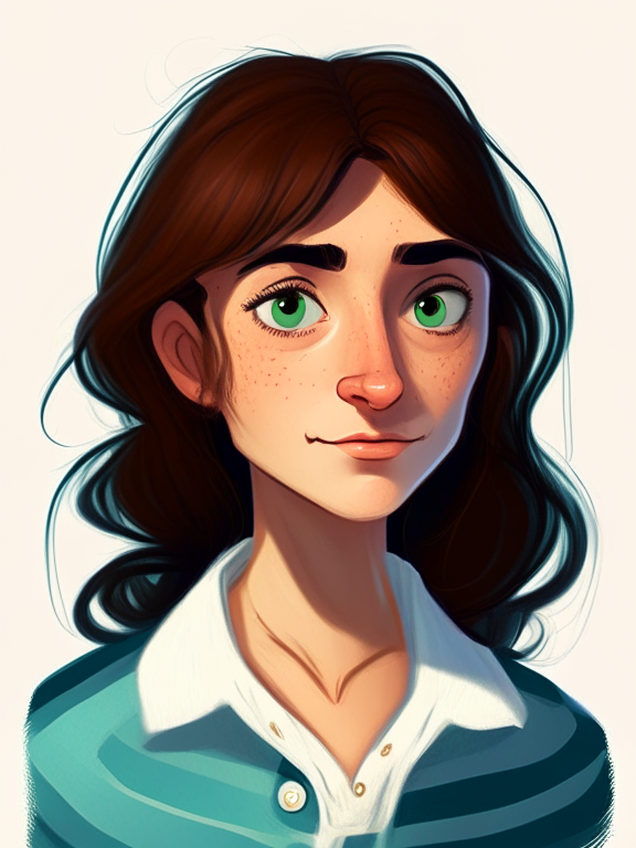 Chiara, a beautiful 27-year-old girl with chin-length straight brown hair and a mullet behind her neck, green almond eyes, wears a blue striped white shirt, in a pixar style illustration