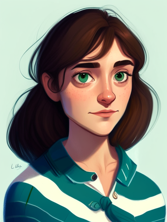 Chiara, a beautiful 27-year-old girl with chin-length straight brown hair and a mullet behind her neck, green almond eyes, wears a blue striped white shirt, in a pixar style illustration