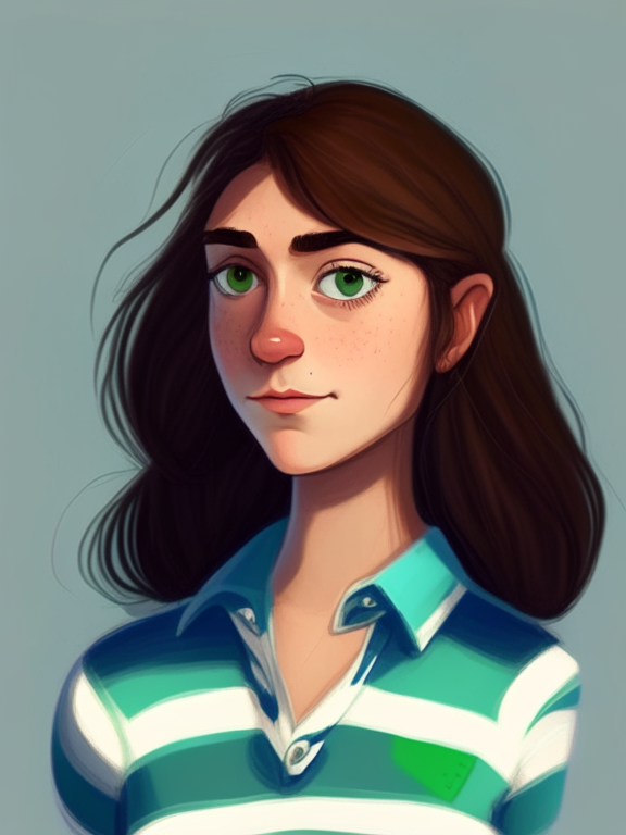 Chiara, a beautiful 27-year-old girl with chin-length straight brown hair and a mullet behind her neck, green almond eyes, wears a blue striped white shirt, in a pixar style illustration