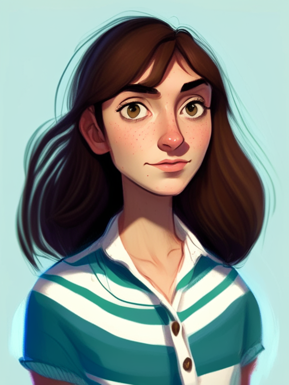 Chiara, a beautiful 27-year-old girl with chin-length straight brown hair and a mullet behind her neck, green almond eyes, wears a blue striped white shirt, in a pixar style illustration
