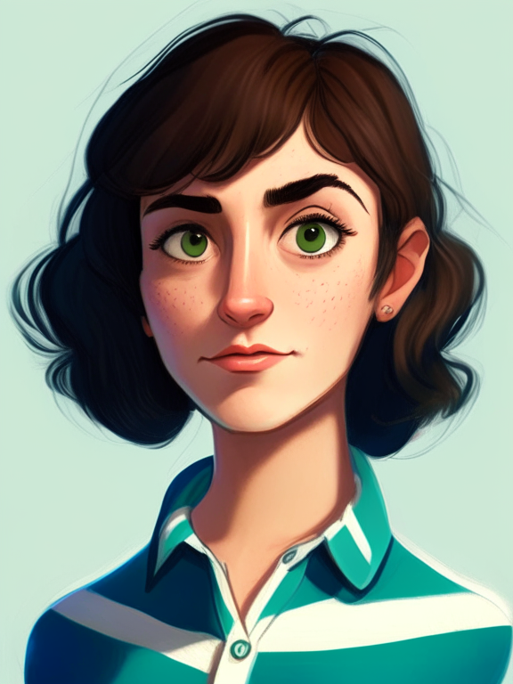 Chiara, a beautiful 27-year-old girl with short straight brown hair and a short mullet behind her neck, green almond eyes, wears a blue striped white shirt, in a pixar style illustration