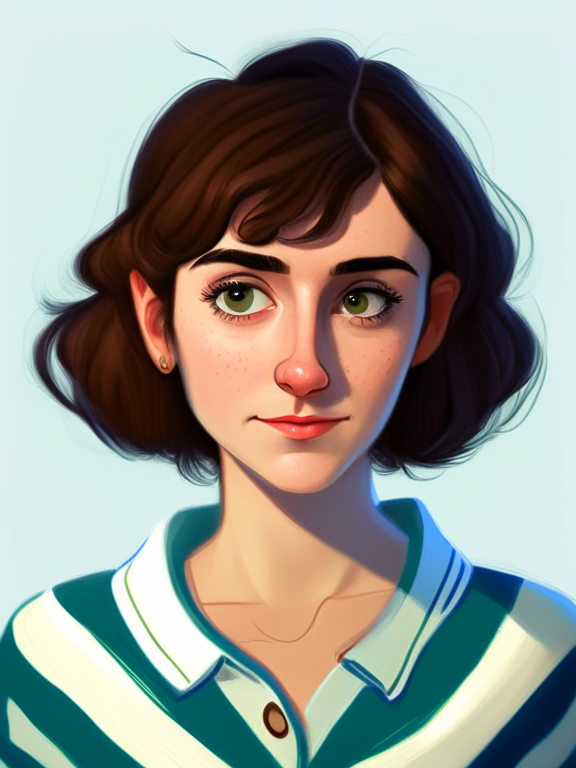 Chiara, a beautiful 27-year-old girl with short straight brown hair and a short mullet behind her neck, green almond eyes, wears a blue striped white shirt, in a pixar style illustration