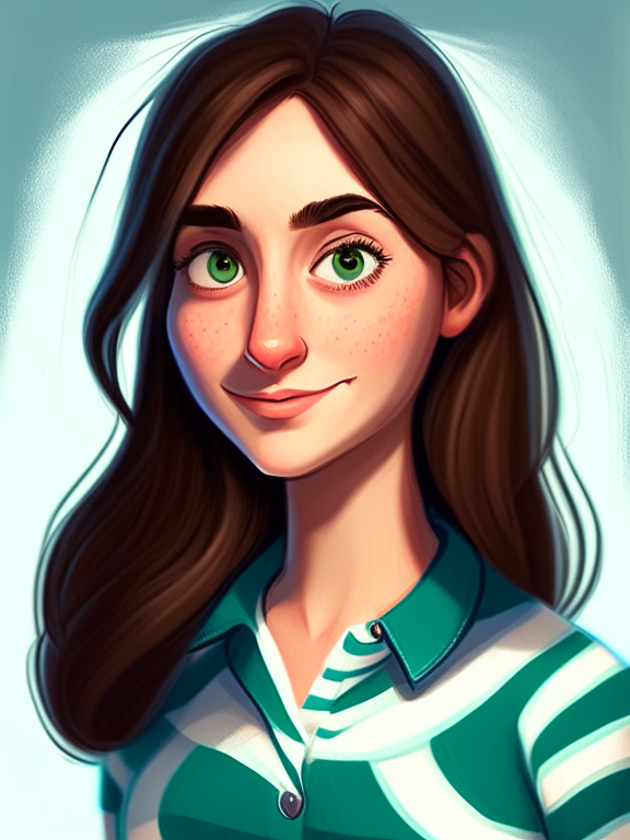 Chiara, a beautiful 27-year-old girl with chin-length straight brown hair, green almond eyes, wears a blue striped white shirt, in a pixar style illustration